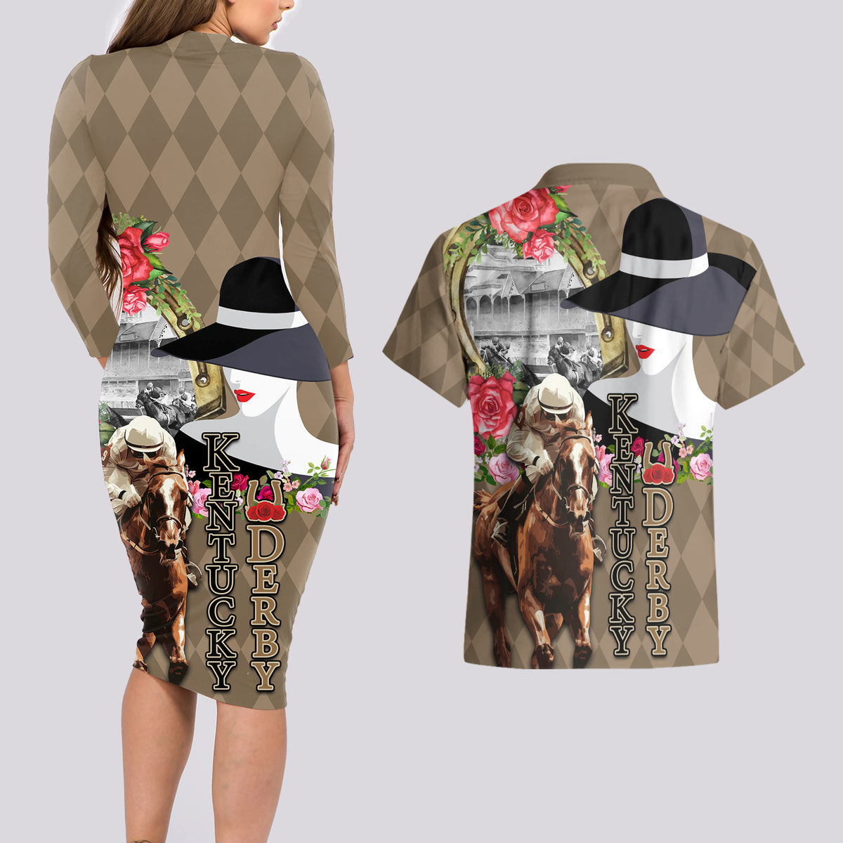 Kentucky Racing Horses Derby Hat Woman Couples Matching Long Sleeve Bodycon Dress and Hawaiian Shirt Churchill Downs and Shoehorse Roses - Wonder Print Shop