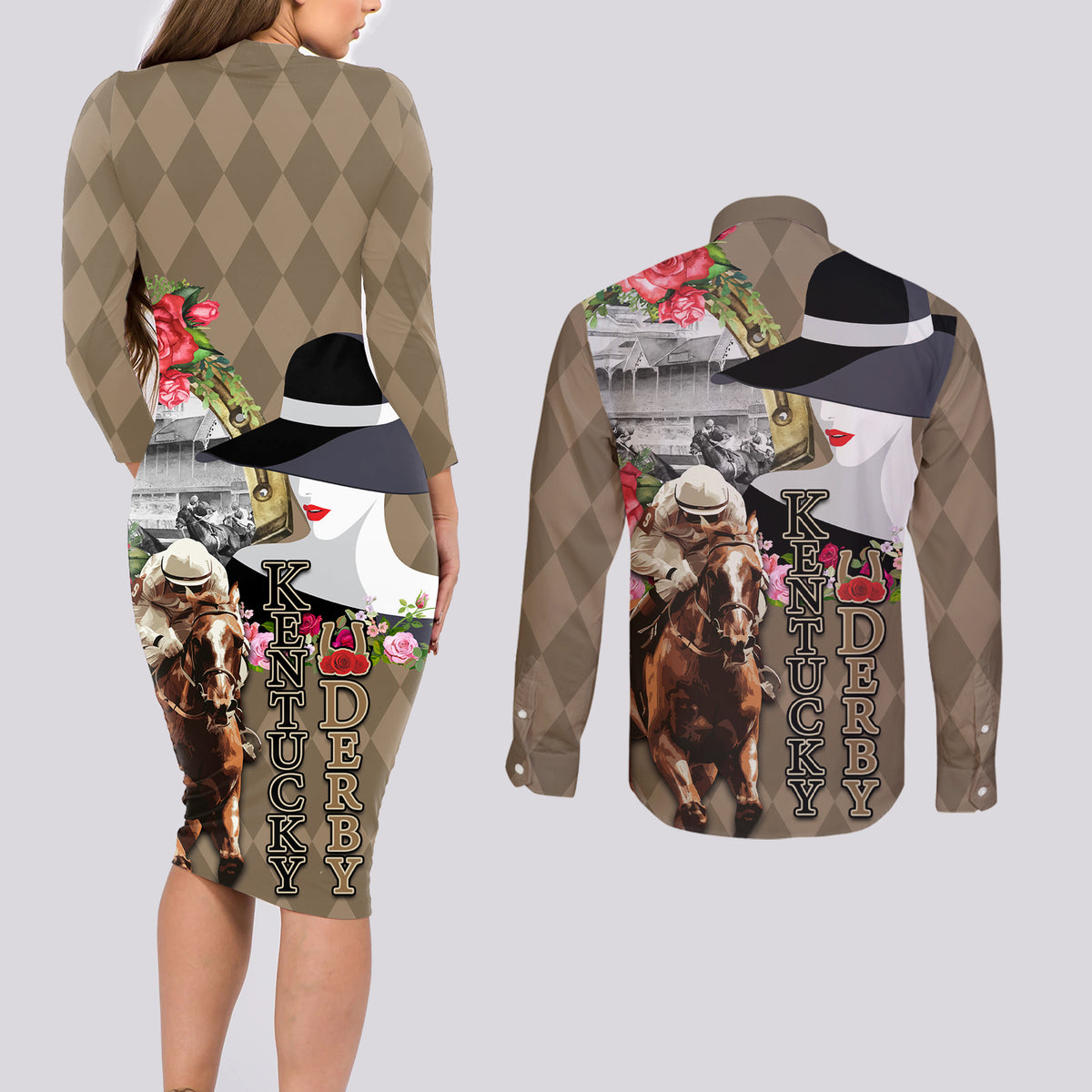 Kentucky Racing Horses Derby Hat Woman Couples Matching Long Sleeve Bodycon Dress and Long Sleeve Button Shirt Churchill Downs and Shoehorse Roses - Wonder Print Shop