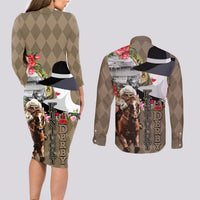 Kentucky Racing Horses Derby Hat Woman Couples Matching Long Sleeve Bodycon Dress and Long Sleeve Button Shirt Churchill Downs and Shoehorse Roses - Wonder Print Shop