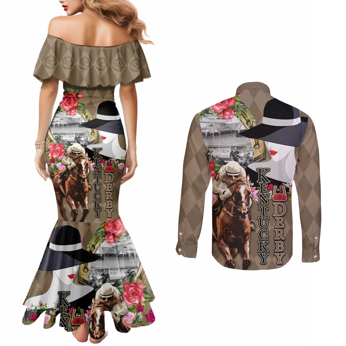 Kentucky Racing Horses Derby Hat Woman Couples Matching Mermaid Dress and Long Sleeve Button Shirt Churchill Downs and Shoehorse Roses