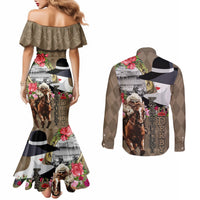Kentucky Racing Horses Derby Hat Woman Couples Matching Mermaid Dress and Long Sleeve Button Shirt Churchill Downs and Shoehorse Roses
