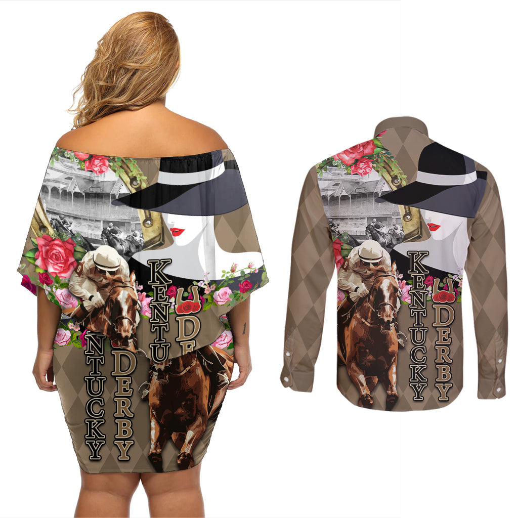 Kentucky Racing Horses Derby Hat Woman Couples Matching Off Shoulder Short Dress and Long Sleeve Button Shirt Churchill Downs and Shoehorse Roses - Wonder Print Shop
