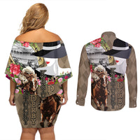 Kentucky Racing Horses Derby Hat Woman Couples Matching Off Shoulder Short Dress and Long Sleeve Button Shirt Churchill Downs and Shoehorse Roses - Wonder Print Shop