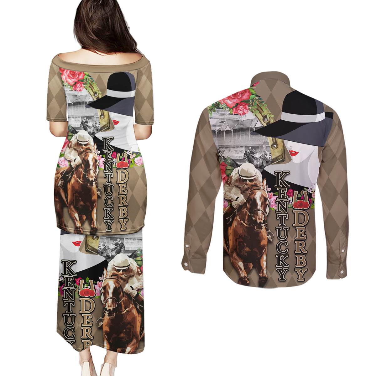 Kentucky Racing Horses Derby Hat Woman Couples Matching Puletasi and Long Sleeve Button Shirt Churchill Downs and Shoehorse Roses - Wonder Print Shop