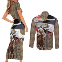Kentucky Racing Horses Derby Hat Woman Couples Matching Short Sleeve Bodycon Dress and Long Sleeve Button Shirt Churchill Downs and Shoehorse Roses - Wonder Print Shop