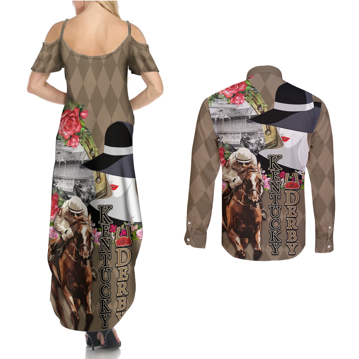 Kentucky Racing Horses Derby Hat Woman Couples Matching Summer Maxi Dress and Long Sleeve Button Shirt Churchill Downs and Shoehorse Roses - Wonder Print Shop