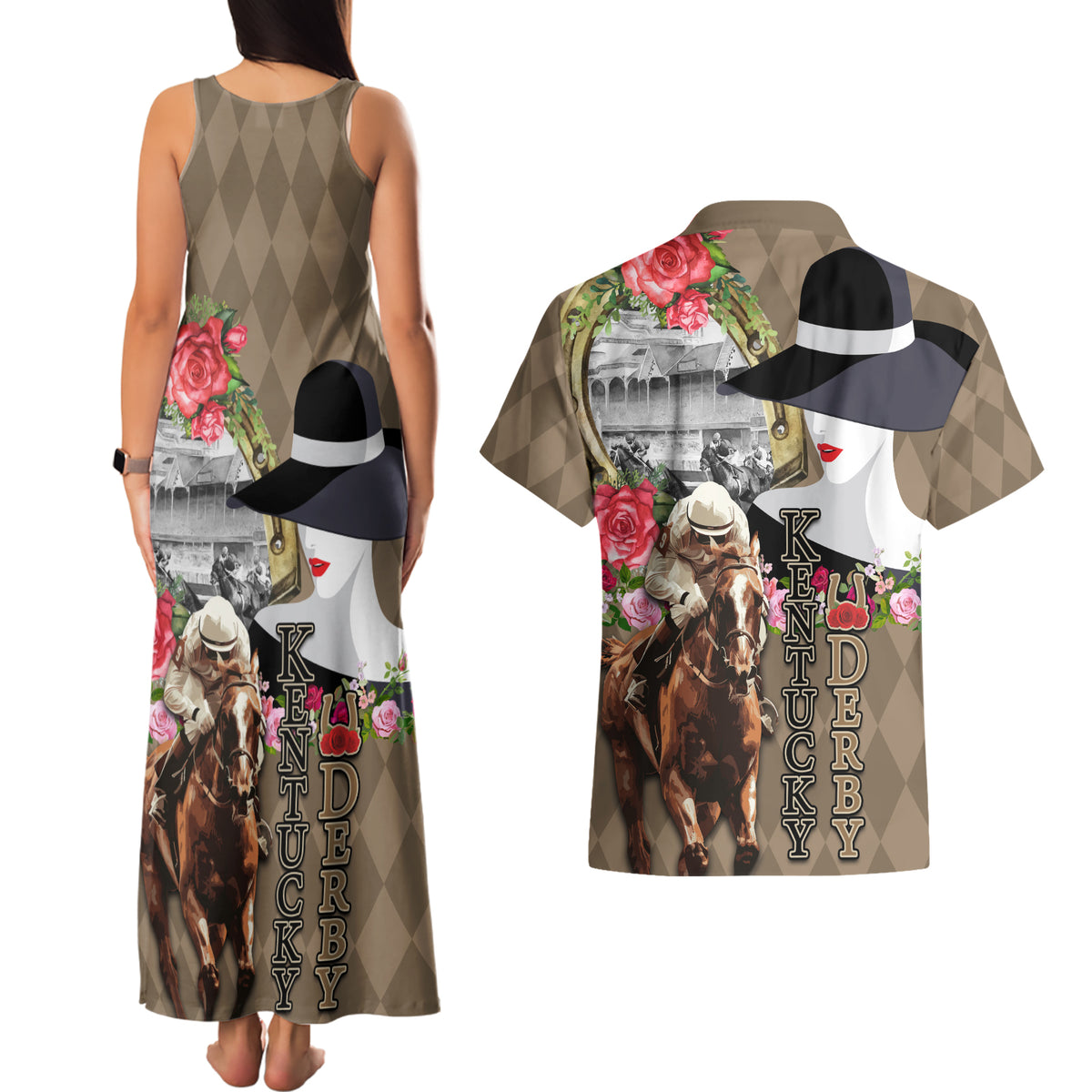 Kentucky Racing Horses Derby Hat Woman Couples Matching Tank Maxi Dress and Hawaiian Shirt Churchill Downs and Shoehorse Roses - Wonder Print Shop