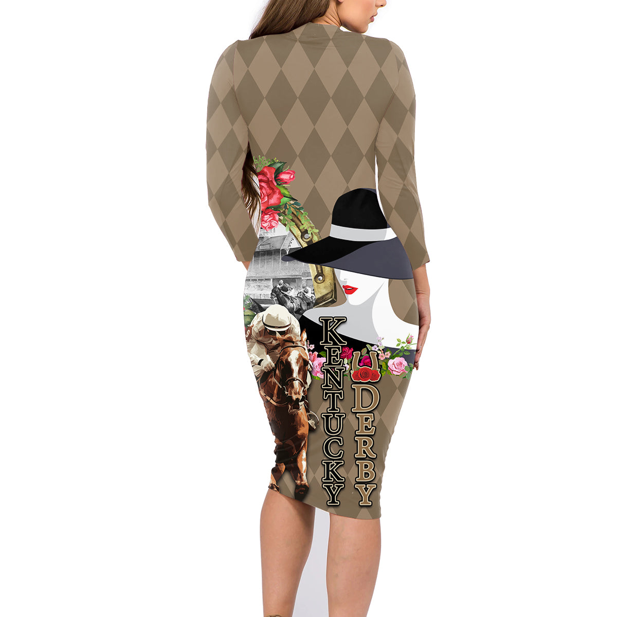 Kentucky Racing Horses Derby Hat Woman Family Matching Long Sleeve Bodycon Dress and Hawaiian Shirt Churchill Downs and Shoehorse Roses - Wonder Print Shop