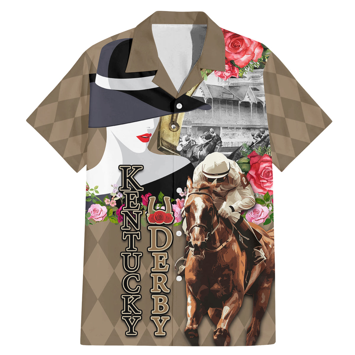Kentucky Racing Horses Derby Hat Woman Family Matching Mermaid Dress and Hawaiian Shirt Churchill Downs and Shoehorse Roses - Wonder Print Shop