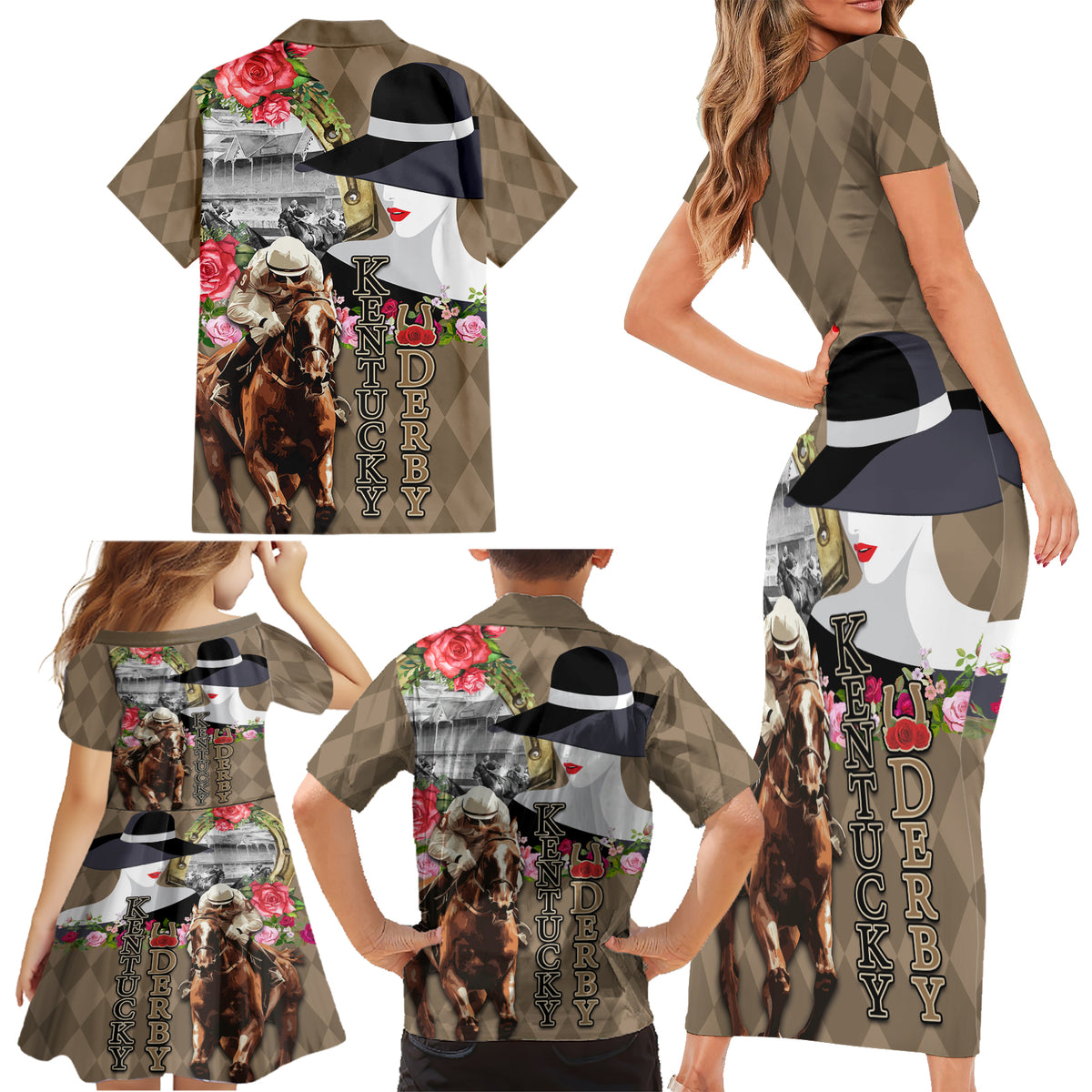 Kentucky Racing Horses Derby Hat Woman Family Matching Short Sleeve Bodycon Dress and Hawaiian Shirt Churchill Downs and Shoehorse Roses - Wonder Print Shop