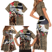 Kentucky Racing Horses Derby Hat Woman Family Matching Short Sleeve Bodycon Dress and Hawaiian Shirt Churchill Downs and Shoehorse Roses - Wonder Print Shop
