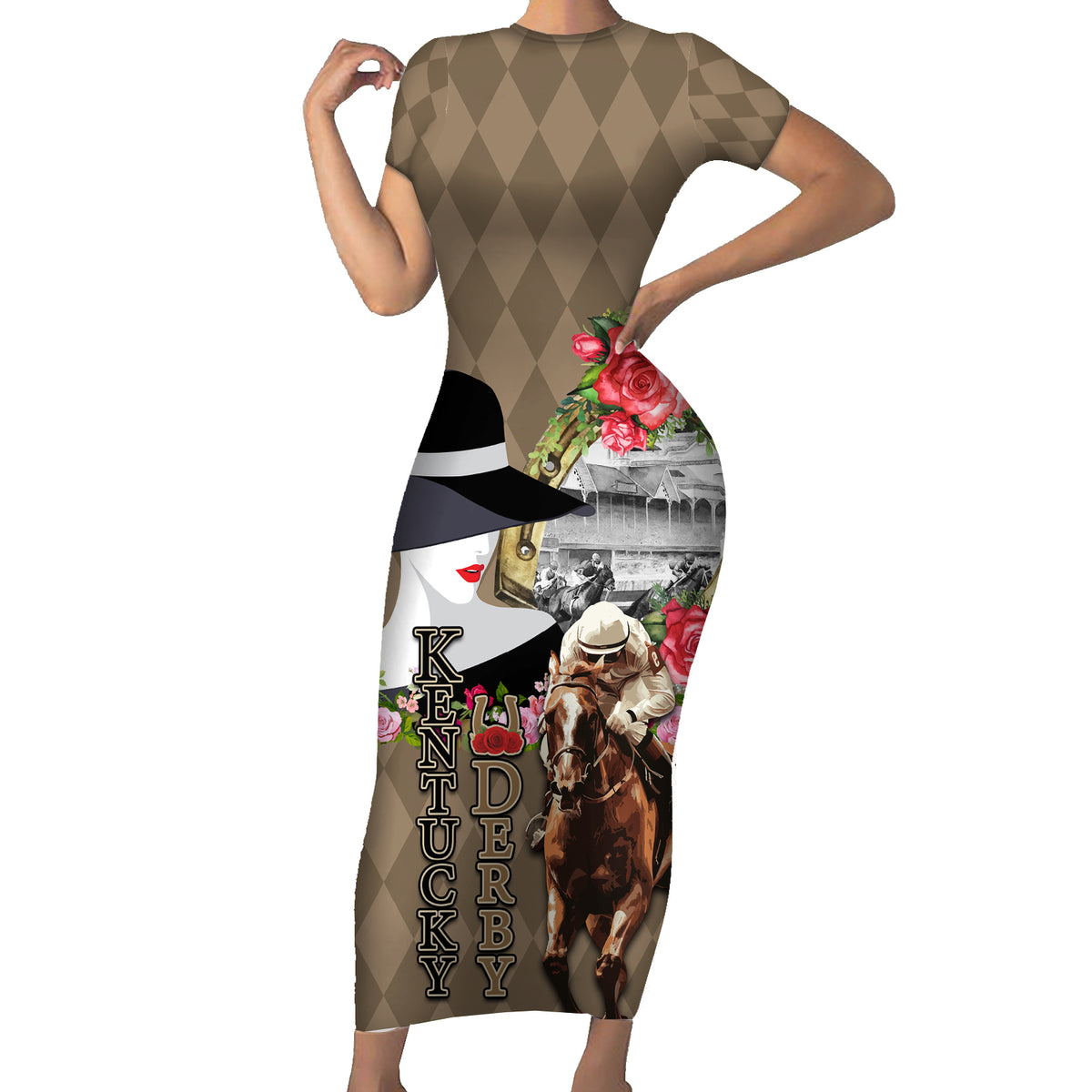 Kentucky Racing Horses Derby Hat Woman Family Matching Short Sleeve Bodycon Dress and Hawaiian Shirt Churchill Downs and Shoehorse Roses - Wonder Print Shop