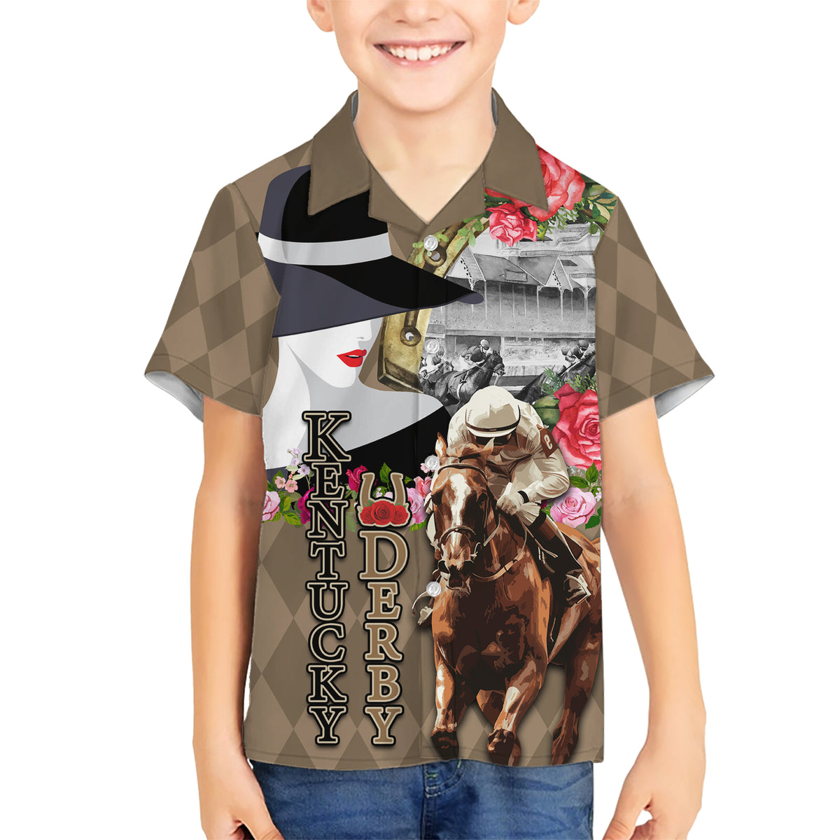 Kentucky Racing Horses Derby Hat Woman Family Matching Short Sleeve Bodycon Dress and Hawaiian Shirt Churchill Downs and Shoehorse Roses - Wonder Print Shop