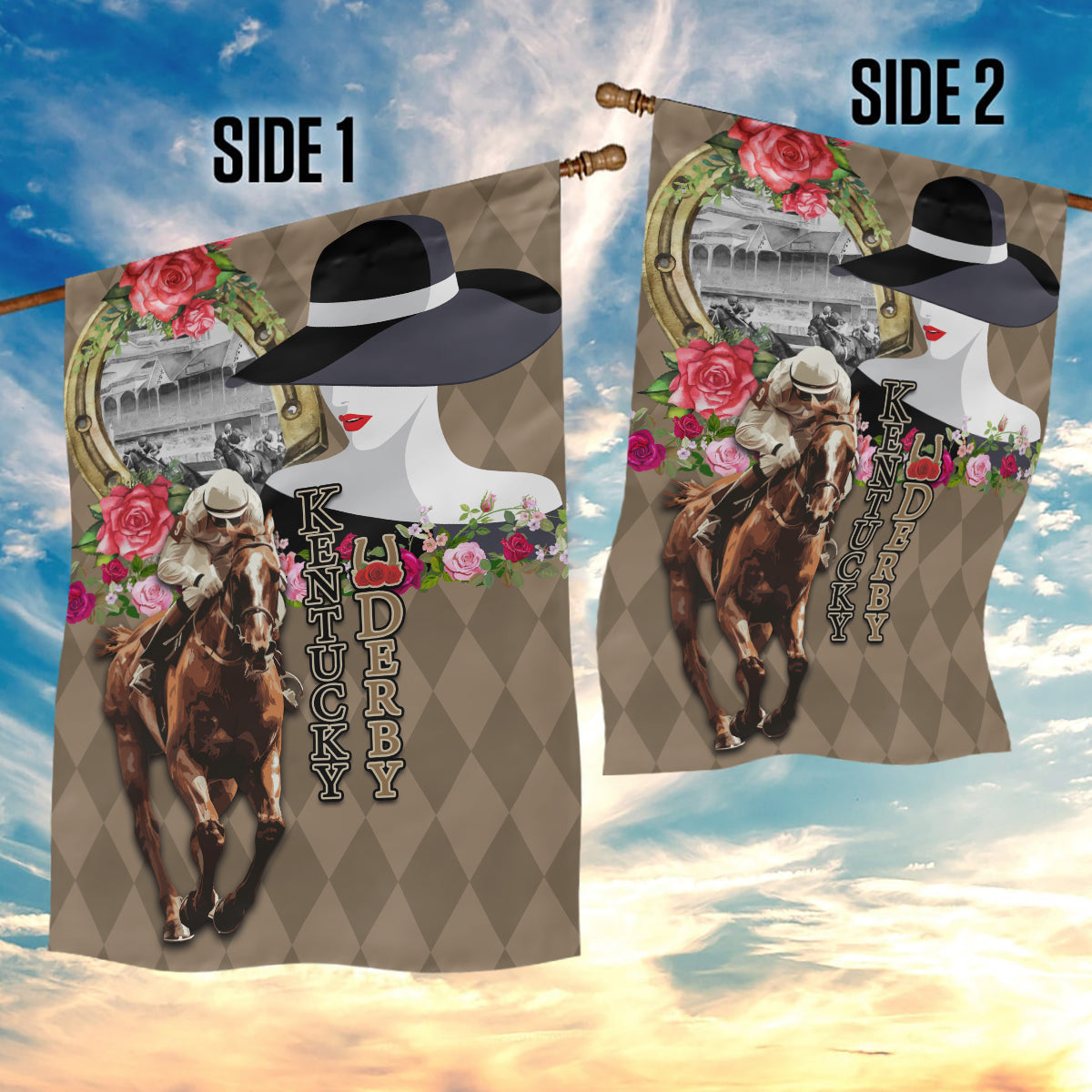 Kentucky Racing Horses Derby Hat Woman Garden Flag Churchill Downs and Shoehorse Roses - Wonder Print Shop