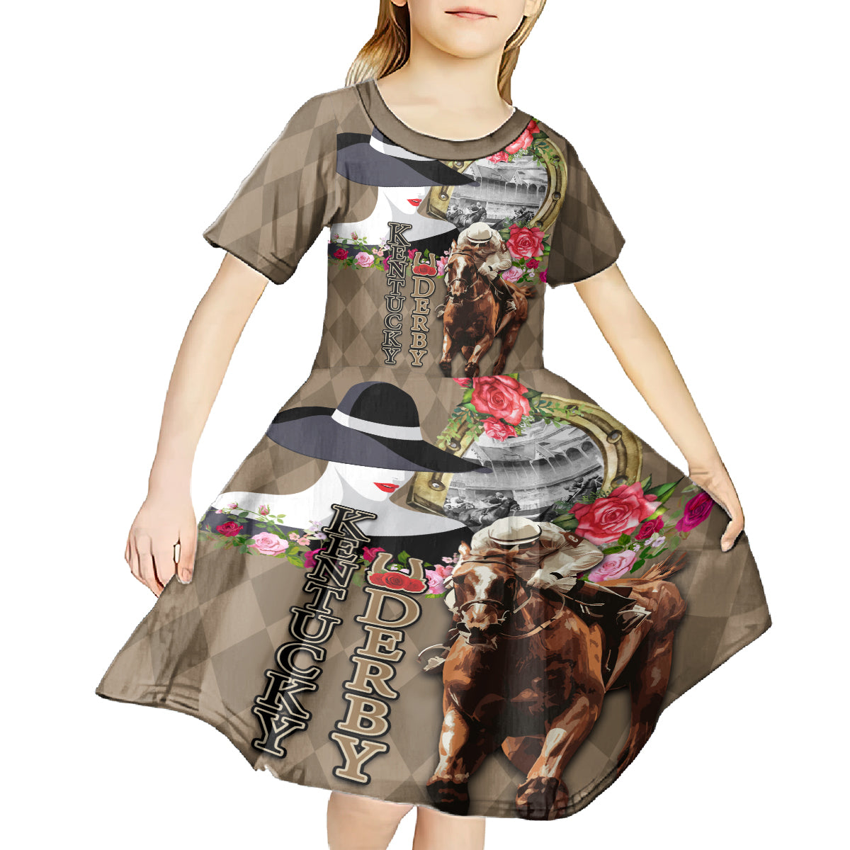Kentucky Racing Horses Derby Hat Woman Kid Short Sleeve Dress Churchill Downs and Shoehorse Roses - Wonder Print Shop