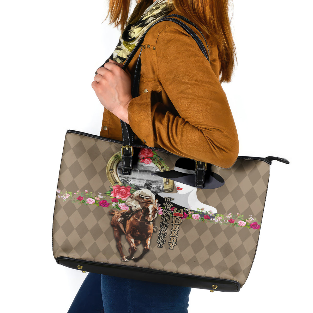 Kentucky Racing Horses Derby Hat Woman Leather Tote Bag Churchill Downs and Shoehorse Roses - Wonder Print Shop
