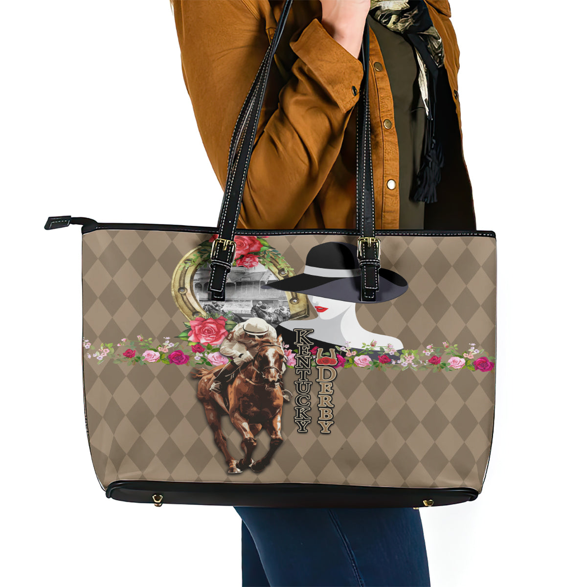 Kentucky Racing Horses Derby Hat Woman Leather Tote Bag Churchill Downs and Shoehorse Roses - Wonder Print Shop