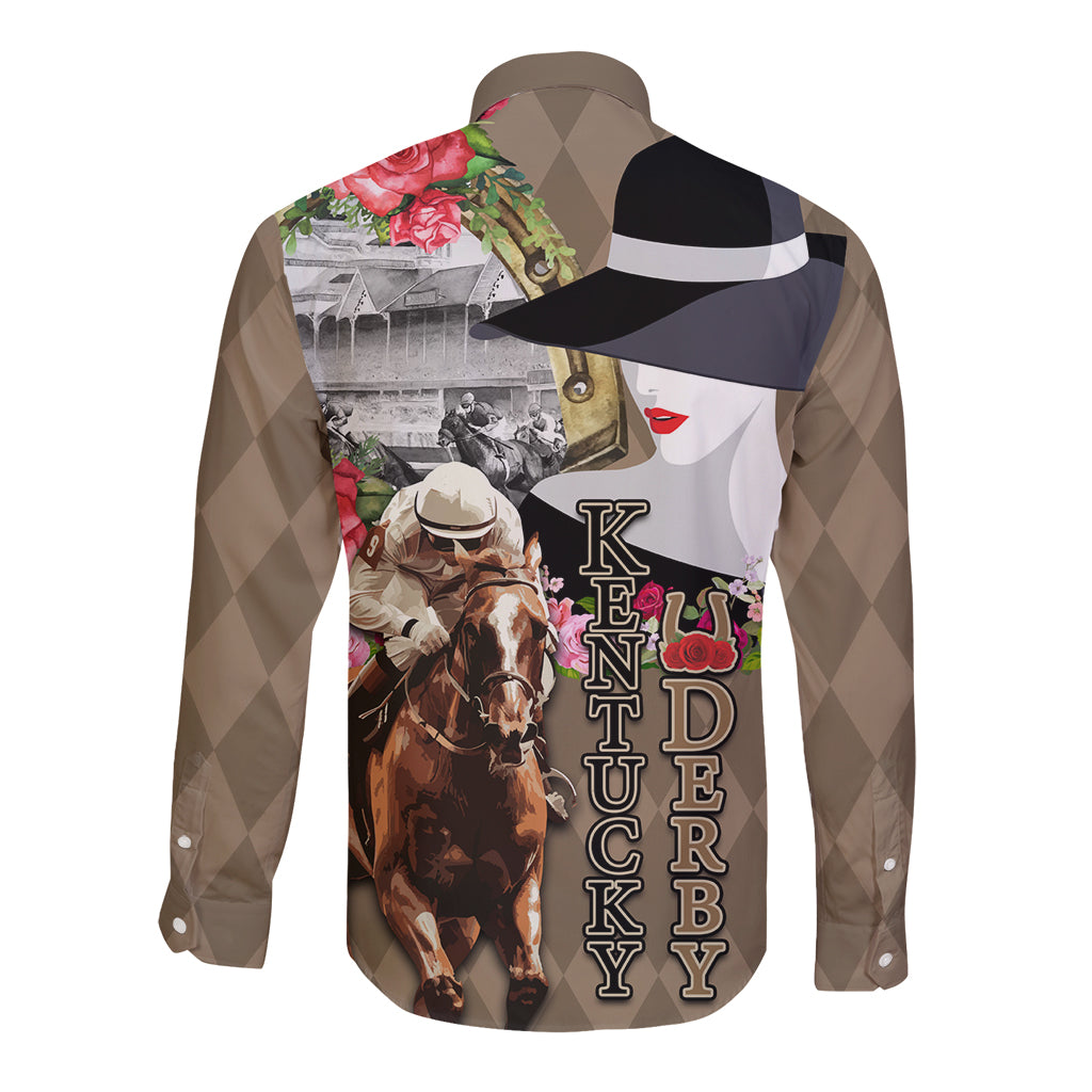 Kentucky Racing Horses Derby Hat Woman Long Sleeve Button Shirt Churchill Downs and Shoehorse Roses - Wonder Print Shop