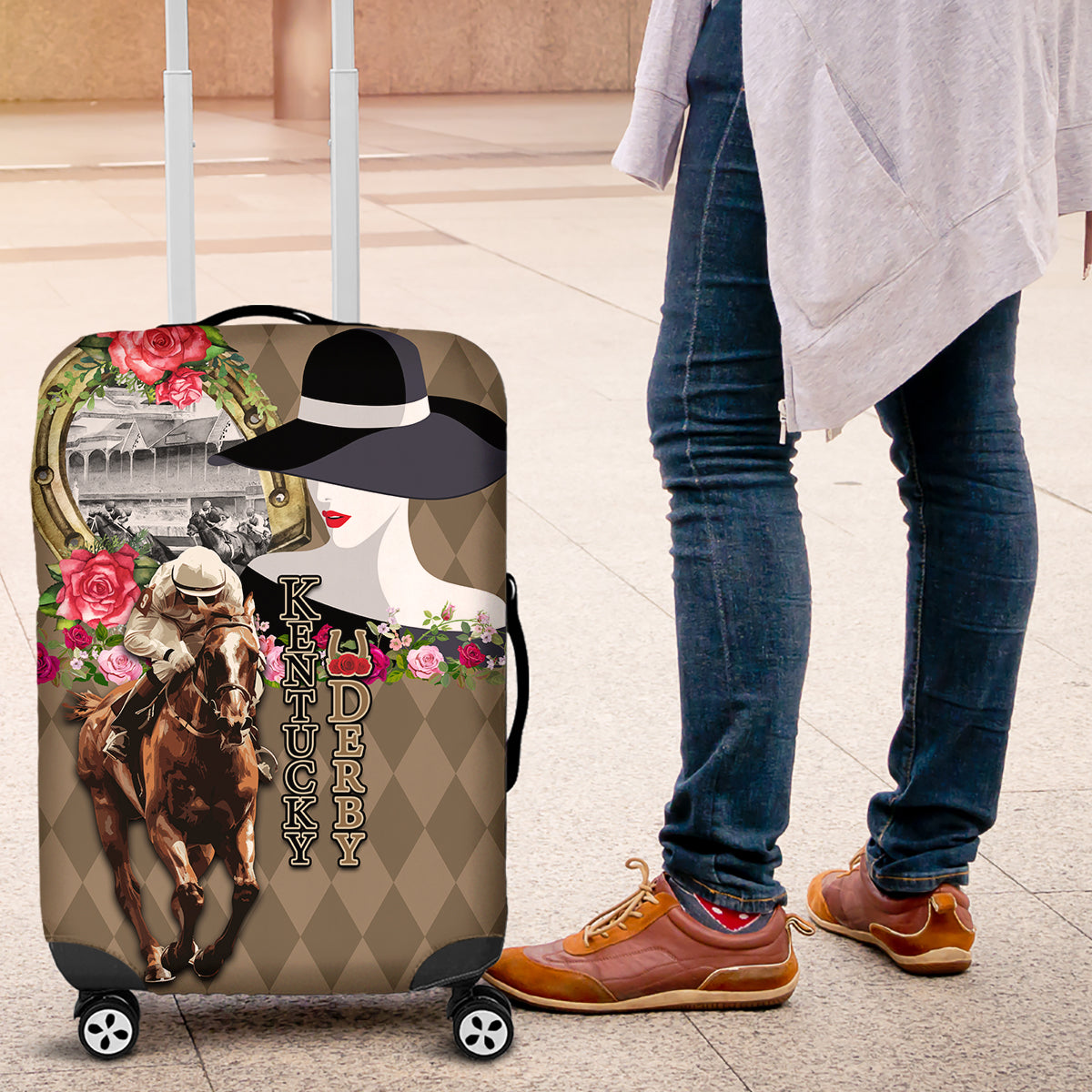 Kentucky Racing Horses Derby Hat Woman Luggage Cover Churchill Downs and Shoehorse Roses