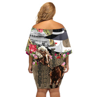 Kentucky Racing Horses Derby Hat Woman Off Shoulder Short Dress Churchill Downs and Shoehorse Roses - Wonder Print Shop