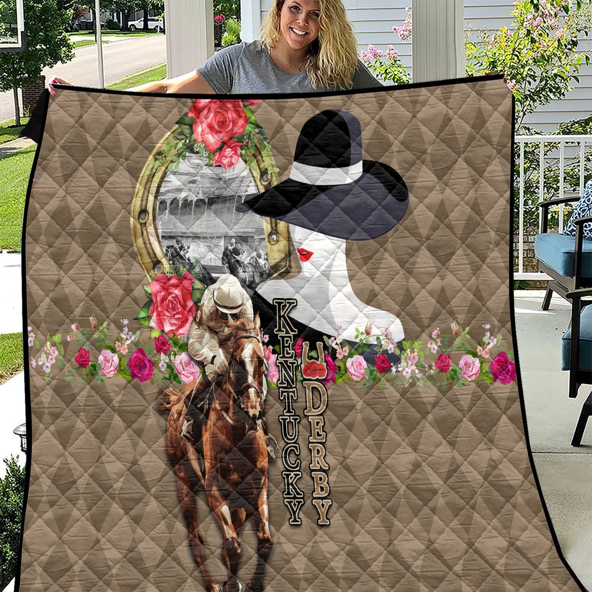 Kentucky Racing Horses Derby Hat Woman Quilt Churchill Downs and Shoehorse Roses