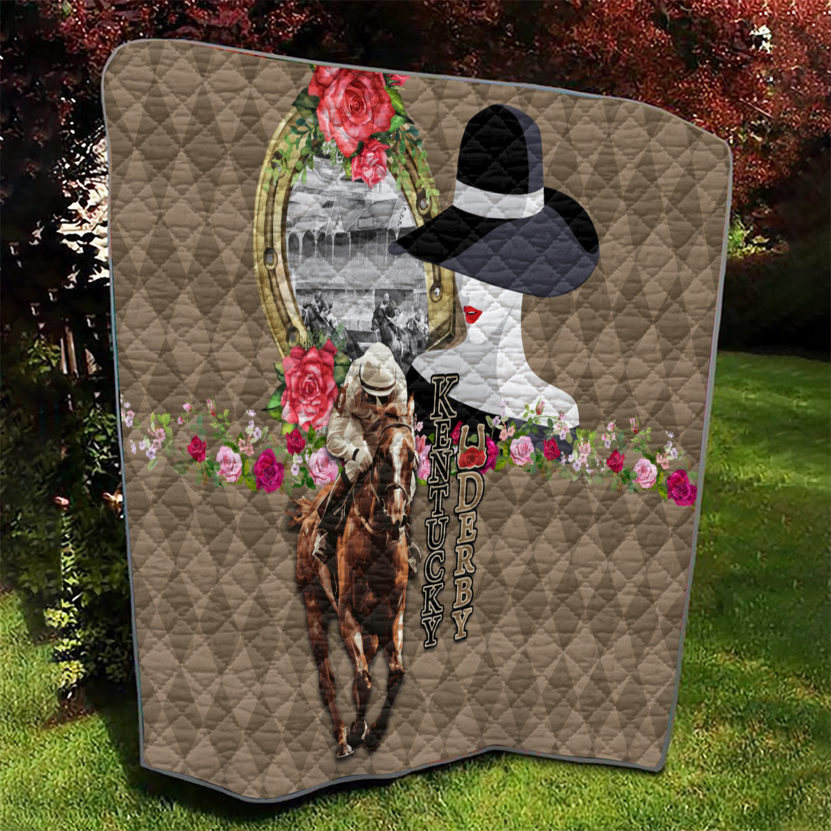Kentucky Racing Horses Derby Hat Woman Quilt Churchill Downs and Shoehorse Roses - Wonder Print Shop