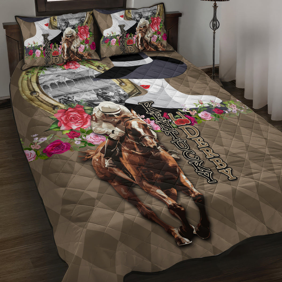 Kentucky Racing Horses Derby Hat Woman Quilt Bed Set Churchill Downs and Shoehorse Roses