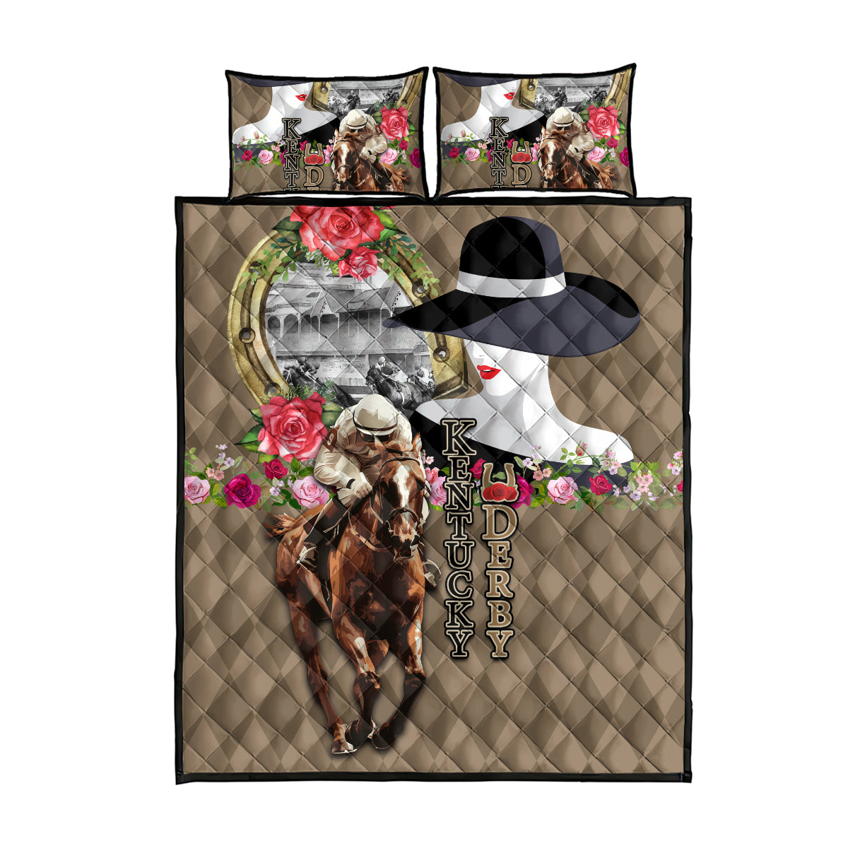 Kentucky Racing Horses Derby Hat Woman Quilt Bed Set Churchill Downs and Shoehorse Roses - Wonder Print Shop