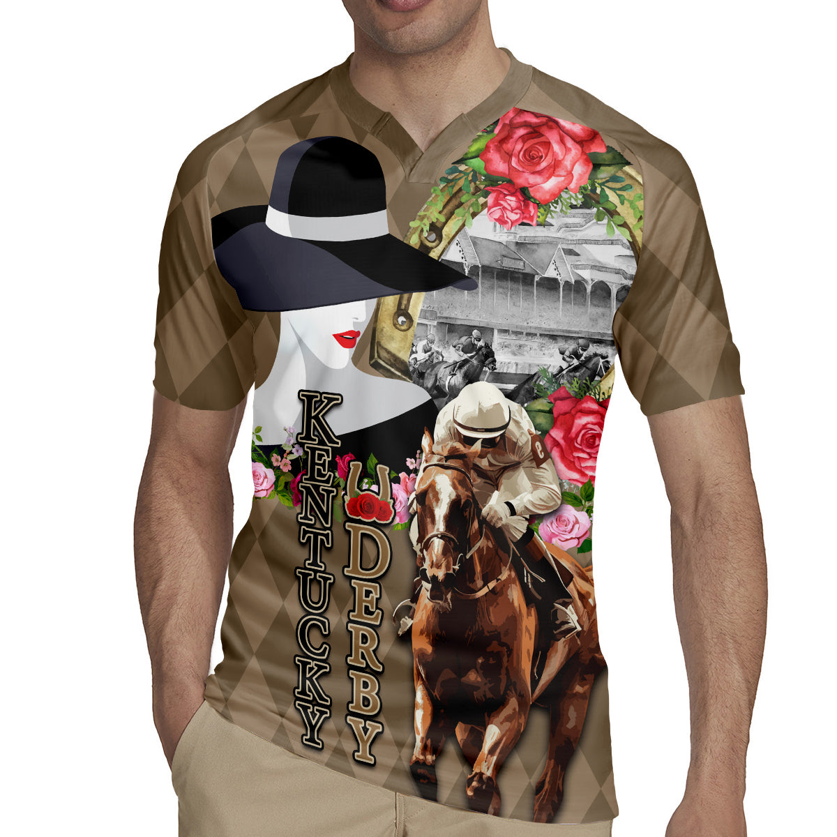 Kentucky Racing Horses Derby Hat Woman Rugby Jersey Churchill Downs and Shoehorse Roses - Wonder Print Shop