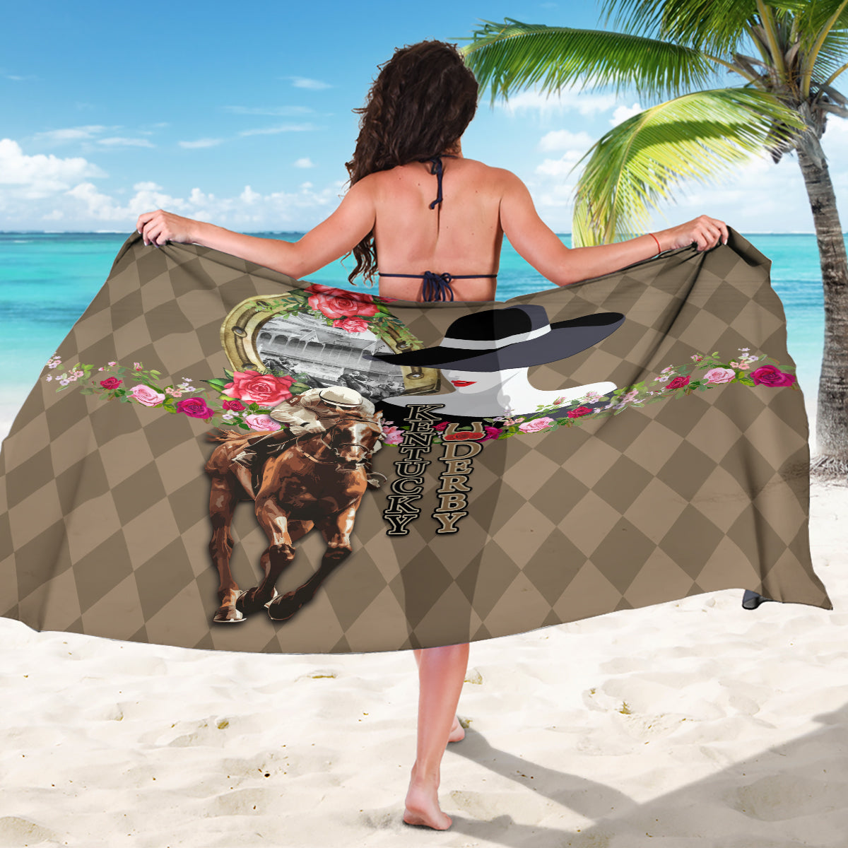 Kentucky Racing Horses Derby Hat Woman Sarong Churchill Downs and Shoehorse Roses - Wonder Print Shop