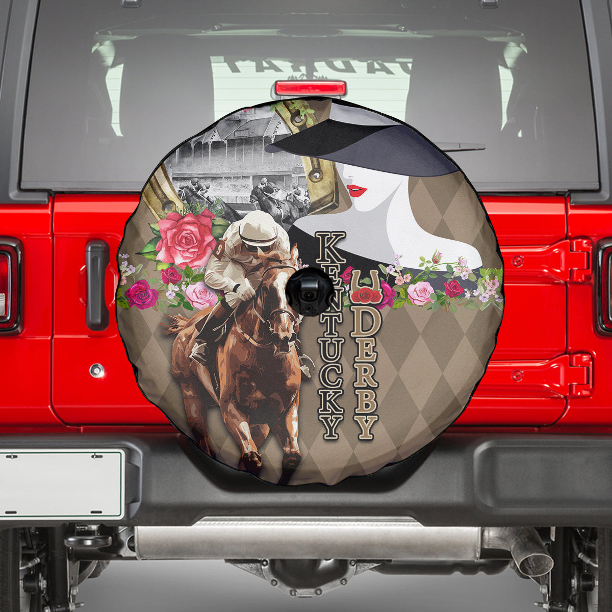 Kentucky Racing Horses Derby Hat Woman Spare Tire Cover Churchill Downs and Shoehorse Roses - Wonder Print Shop
