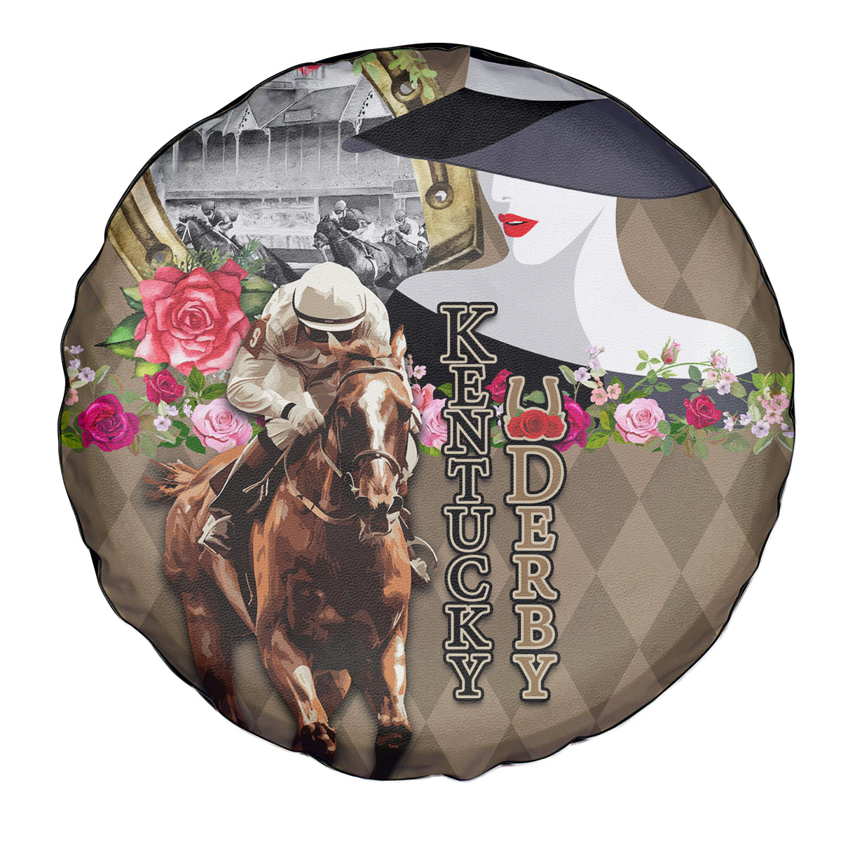 Kentucky Racing Horses Derby Hat Woman Spare Tire Cover Churchill Downs and Shoehorse Roses - Wonder Print Shop