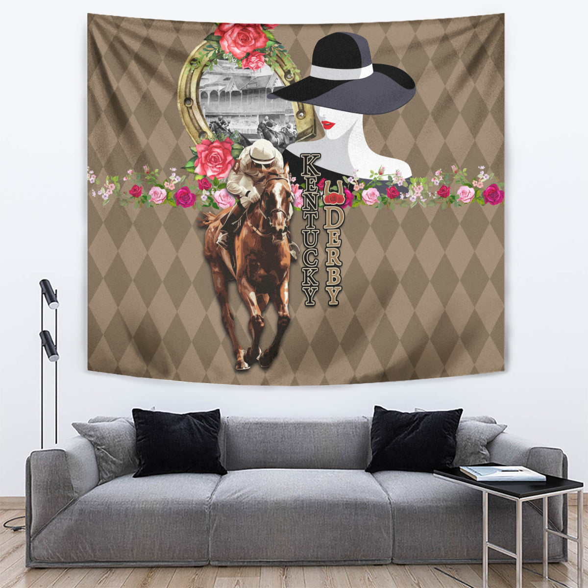 Kentucky Racing Horses Derby Hat Woman Tapestry Churchill Downs and Shoehorse Roses - Wonder Print Shop