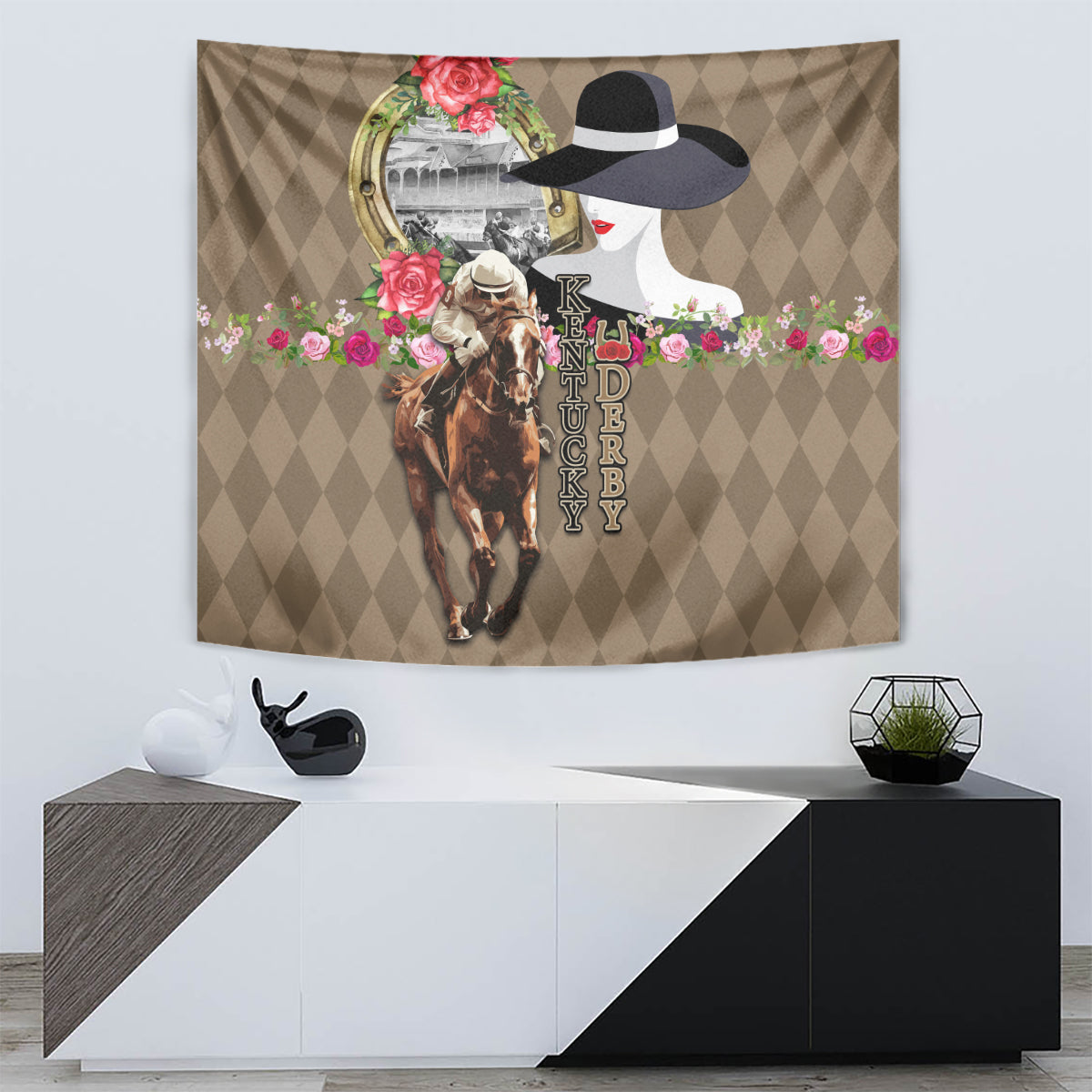 Kentucky Racing Horses Derby Hat Woman Tapestry Churchill Downs and Shoehorse Roses - Wonder Print Shop