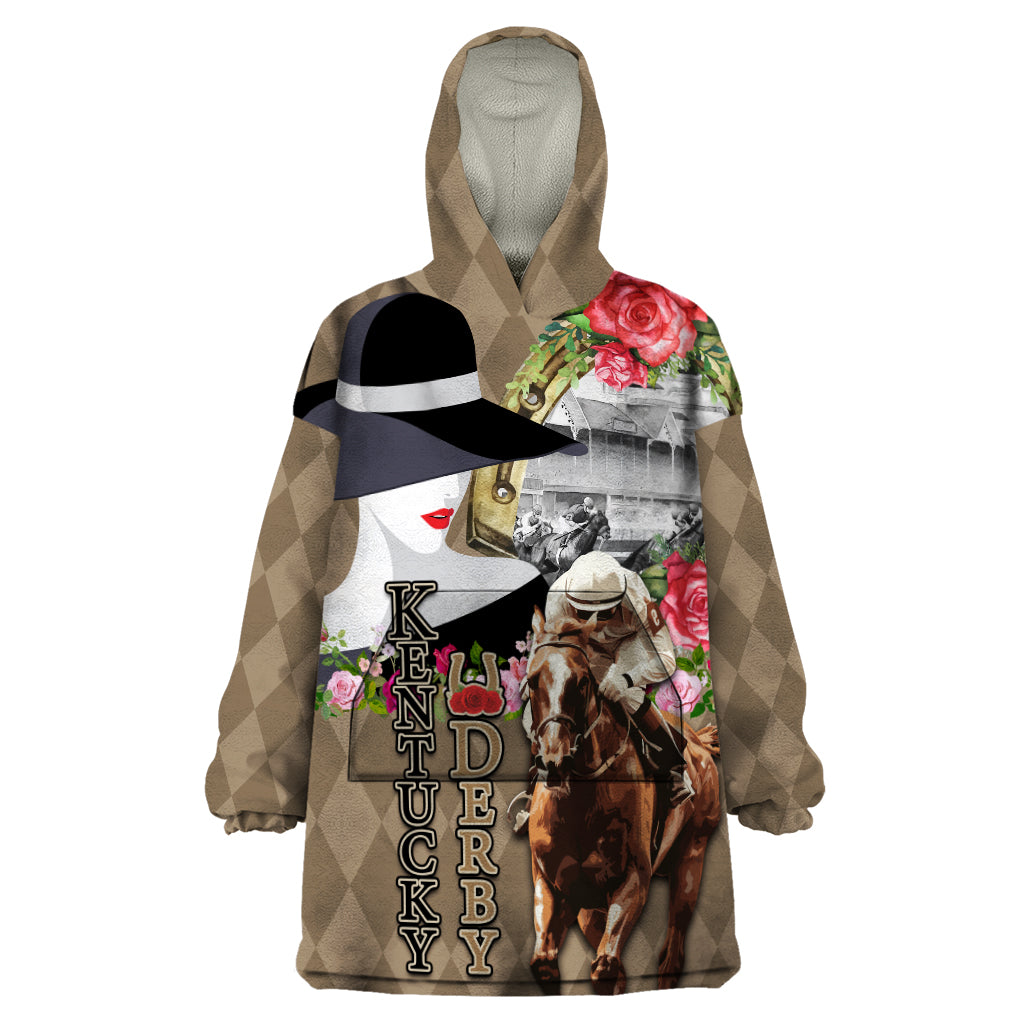 Kentucky Racing Horses Derby Hat Woman Wearable Blanket Hoodie Churchill Downs and Shoehorse Roses - Wonder Print Shop