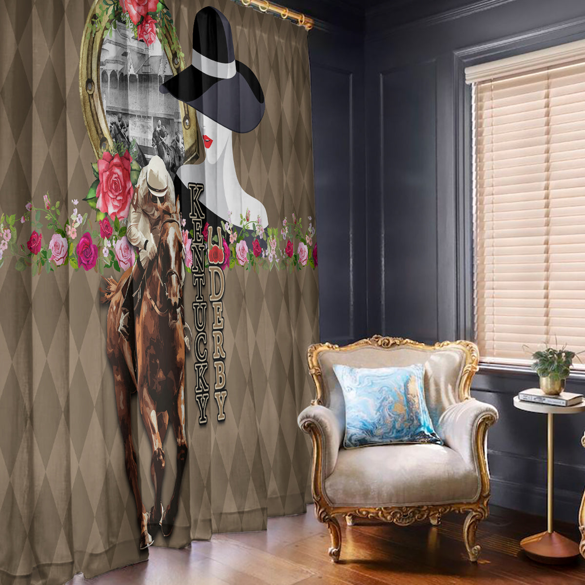 Kentucky Racing Horses Derby Hat Woman Window Curtain Churchill Downs and Shoehorse Roses - Wonder Print Shop