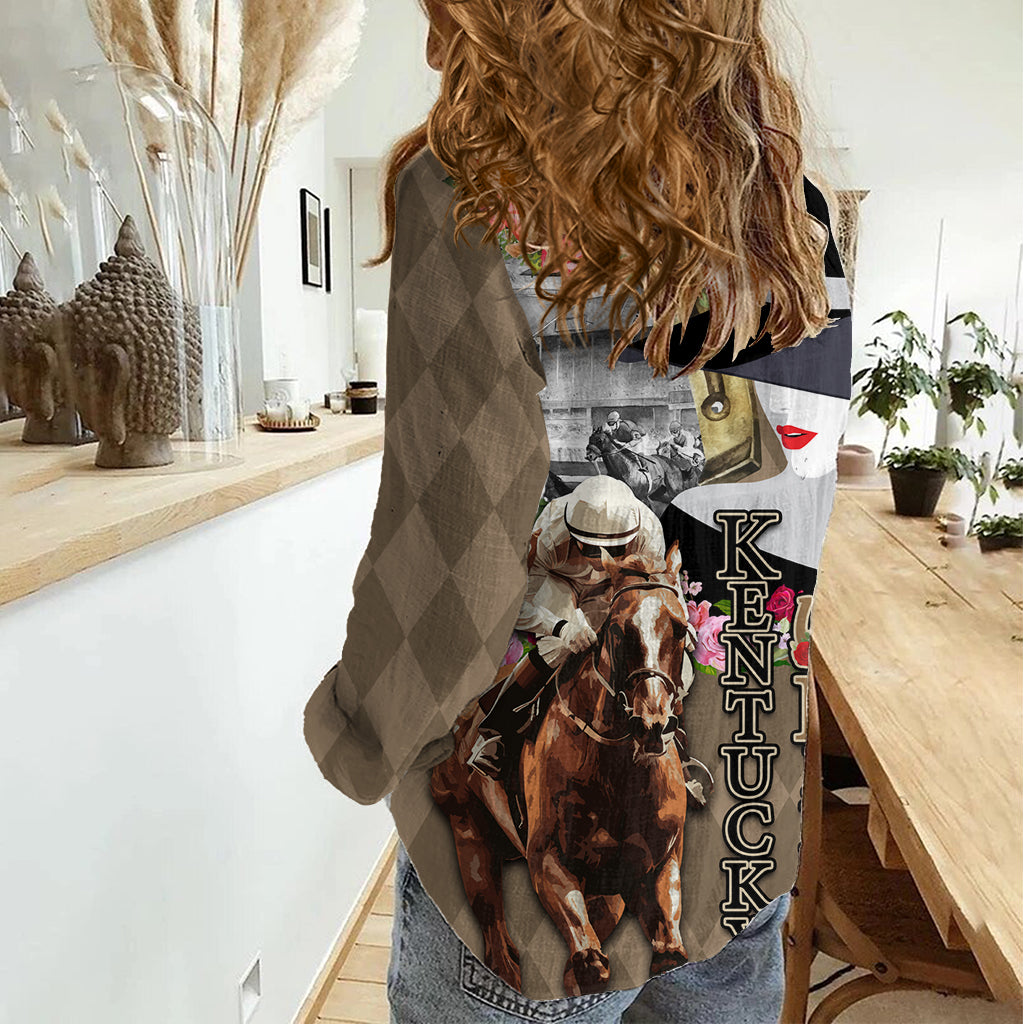 Kentucky Racing Horses Derby Hat Woman Women Casual Shirt Churchill Downs and Shoehorse Roses - Wonder Print Shop