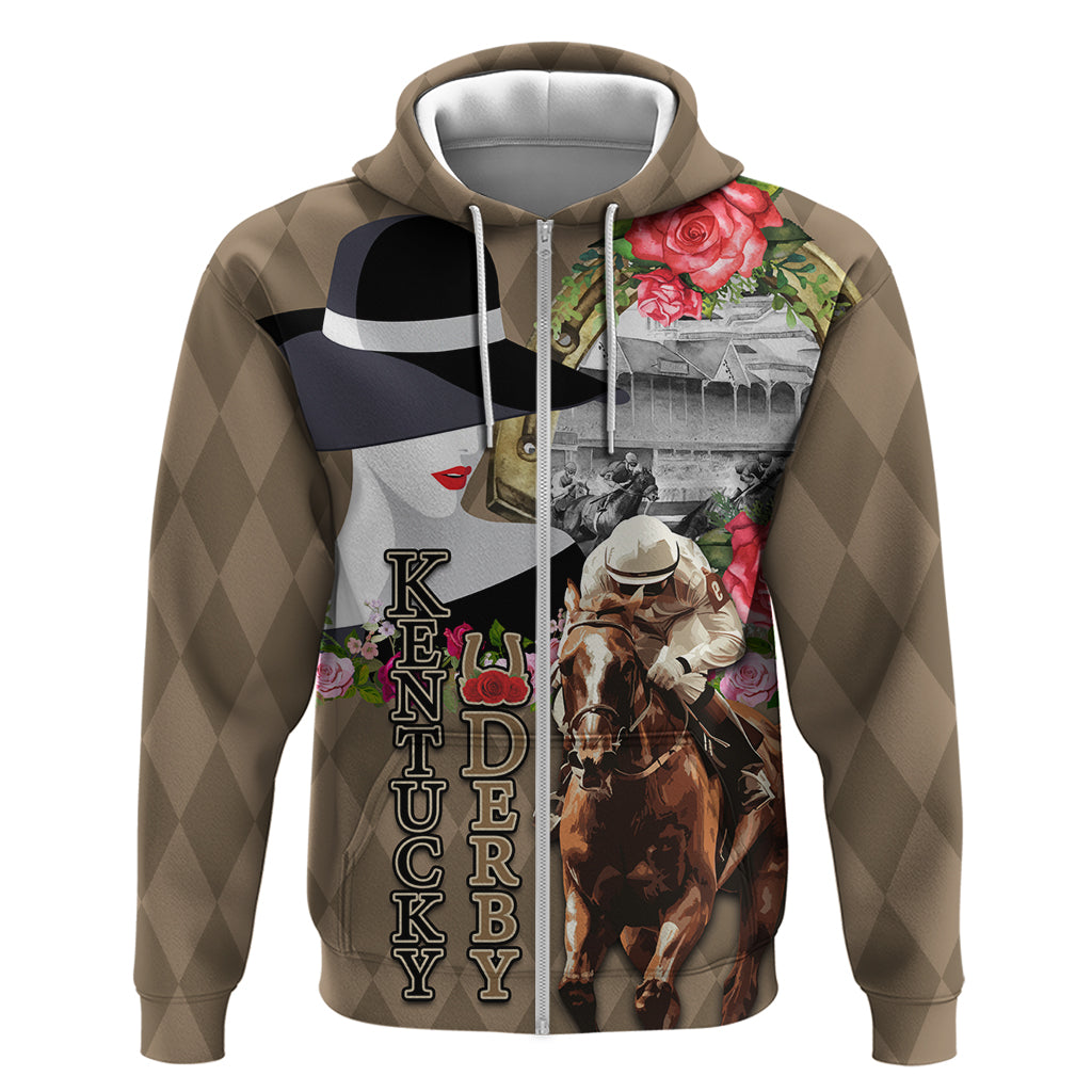 Kentucky Racing Horses Derby Hat Woman Zip Hoodie Churchill Downs and Shoehorse Roses