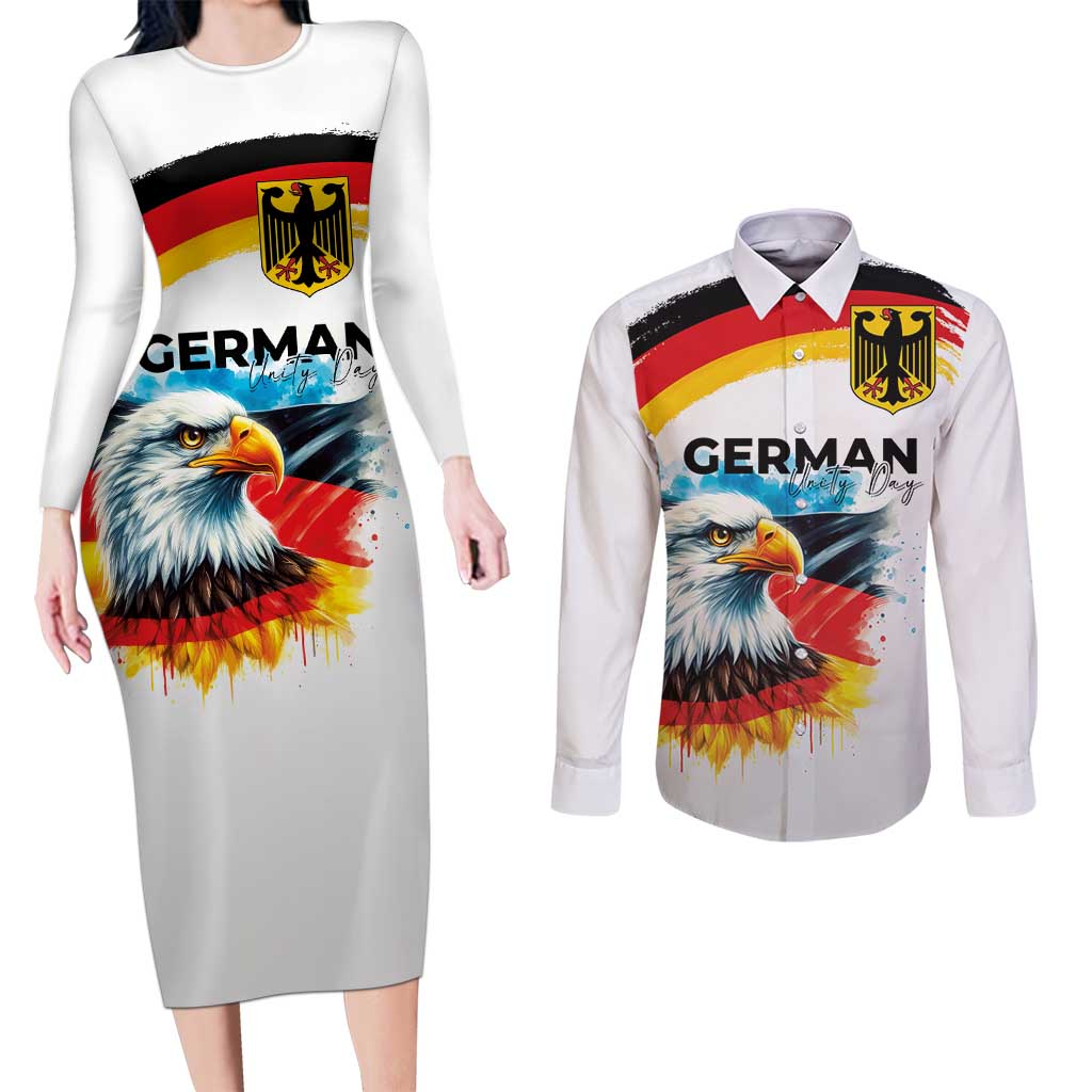 German Unity Day Couples Matching Long Sleeve Bodycon Dress and Long Sleeve Button Shirt Germany Flag with Eagle Head and Emblem