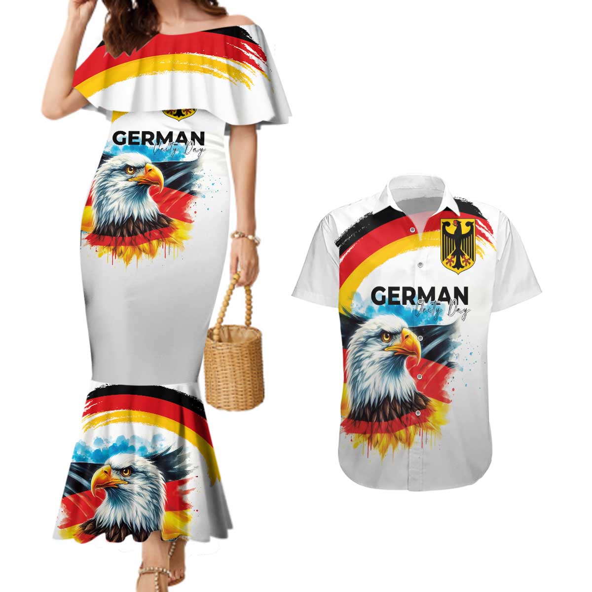German Unity Day Couples Matching Mermaid Dress and Hawaiian Shirt Germany Flag with Eagle Head and Emblem