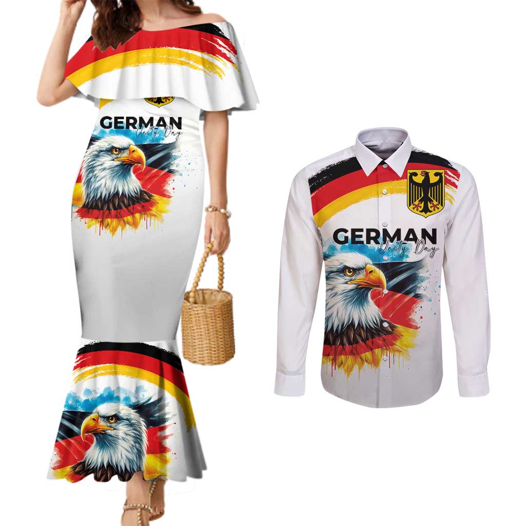 German Unity Day Couples Matching Mermaid Dress and Long Sleeve Button Shirt Germany Flag with Eagle Head and Emblem