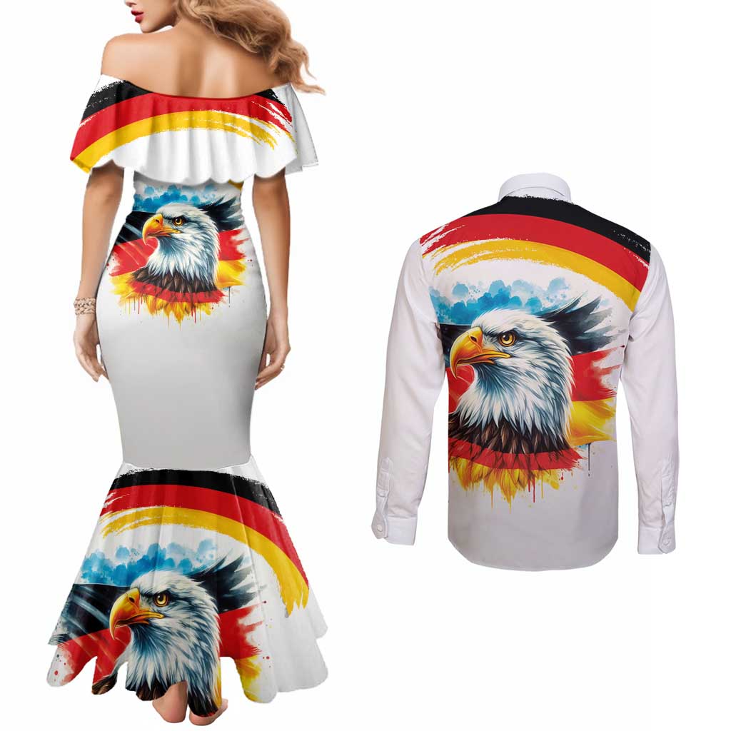 German Unity Day Couples Matching Mermaid Dress and Long Sleeve Button Shirt Germany Flag with Eagle Head and Emblem