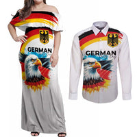 German Unity Day Couples Matching Off Shoulder Maxi Dress and Long Sleeve Button Shirt Germany Flag with Eagle Head and Emblem