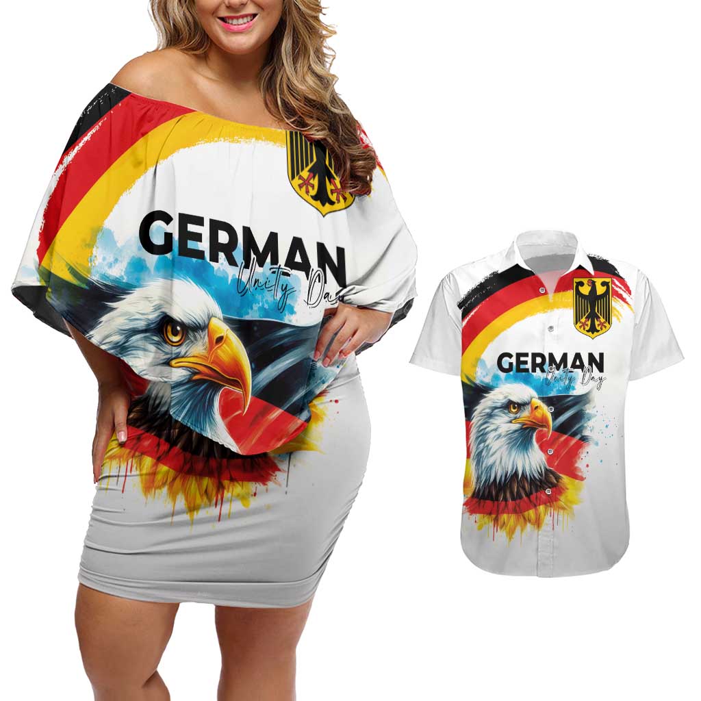 German Unity Day Couples Matching Off Shoulder Short Dress and Hawaiian Shirt Germany Flag with Eagle Head and Emblem