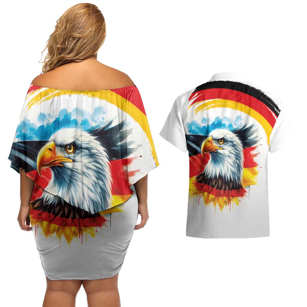 German Unity Day Couples Matching Off Shoulder Short Dress and Hawaiian Shirt Germany Flag with Eagle Head and Emblem