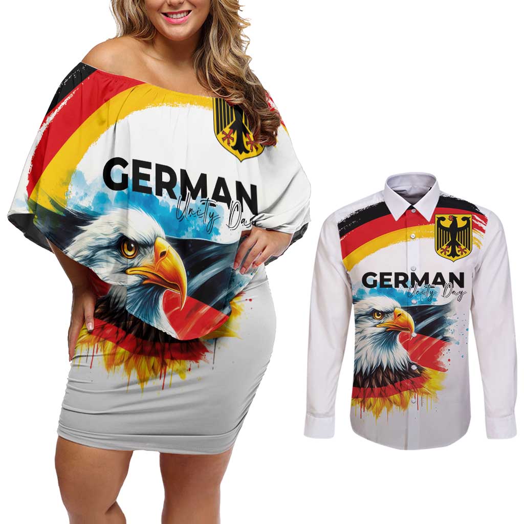 German Unity Day Couples Matching Off Shoulder Short Dress and Long Sleeve Button Shirt Germany Flag with Eagle Head and Emblem