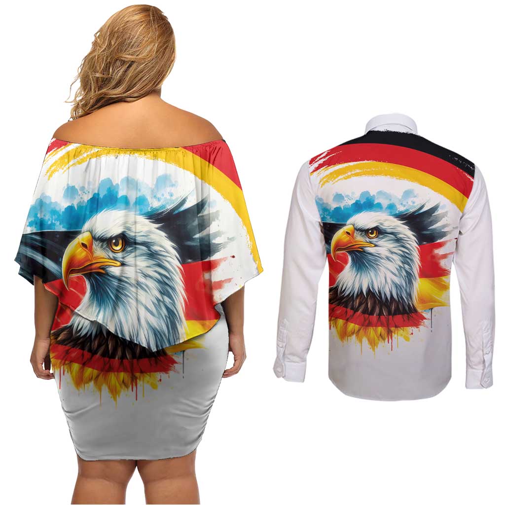 German Unity Day Couples Matching Off Shoulder Short Dress and Long Sleeve Button Shirt Germany Flag with Eagle Head and Emblem
