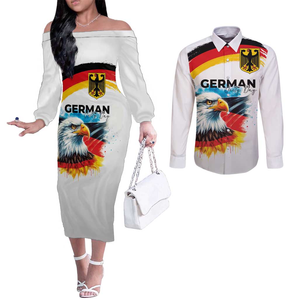 German Unity Day Couples Matching Off The Shoulder Long Sleeve Dress and Long Sleeve Button Shirt Germany Flag with Eagle Head and Emblem