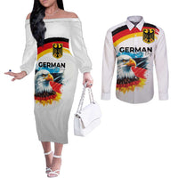 German Unity Day Couples Matching Off The Shoulder Long Sleeve Dress and Long Sleeve Button Shirt Germany Flag with Eagle Head and Emblem