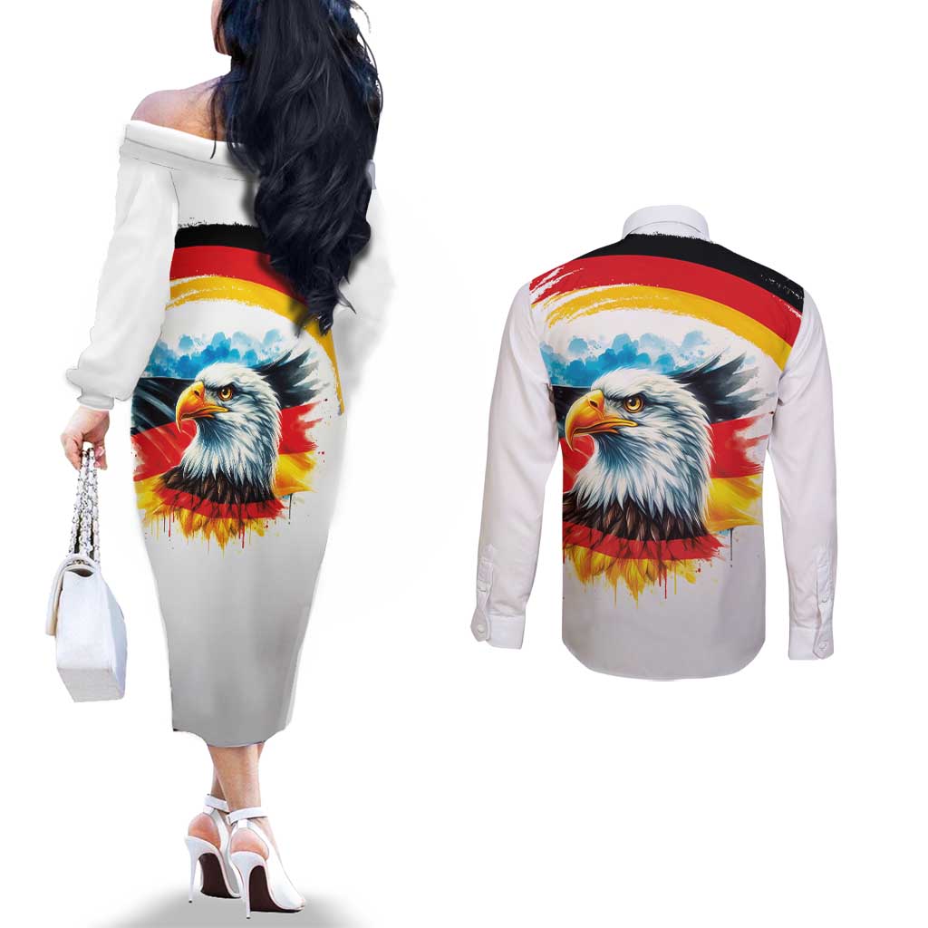 German Unity Day Couples Matching Off The Shoulder Long Sleeve Dress and Long Sleeve Button Shirt Germany Flag with Eagle Head and Emblem